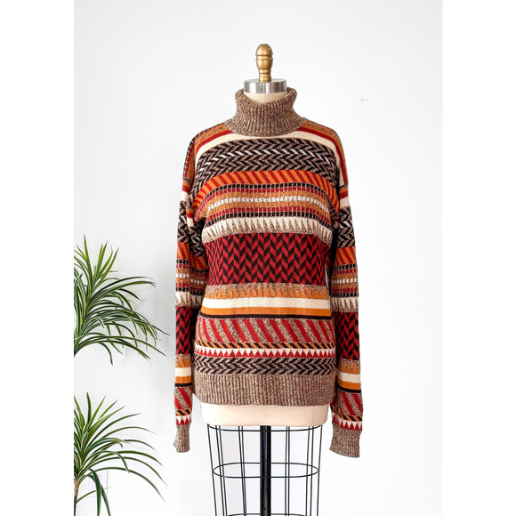 Vintage 70s Saint Laurent Rive Gauche Brown Rust Cream Knit Turtleneck Sweater - Picture 1 of 12